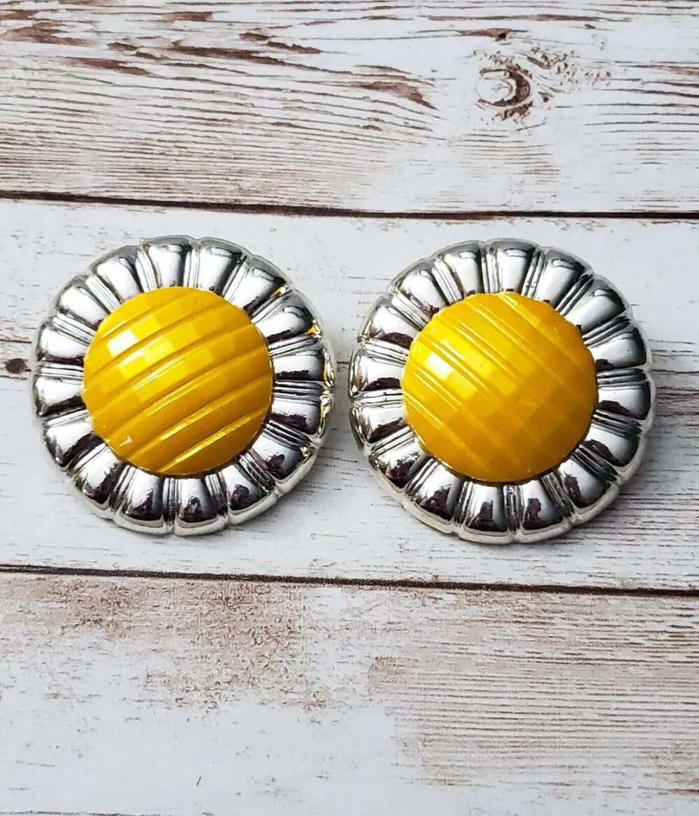 Vintage Clip On Earrings Large Statement 1.75" Unusual Yellow With Halo